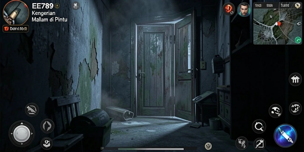 Screenshot gameplay EE789 menampilkan suasana horor yang mencekam.