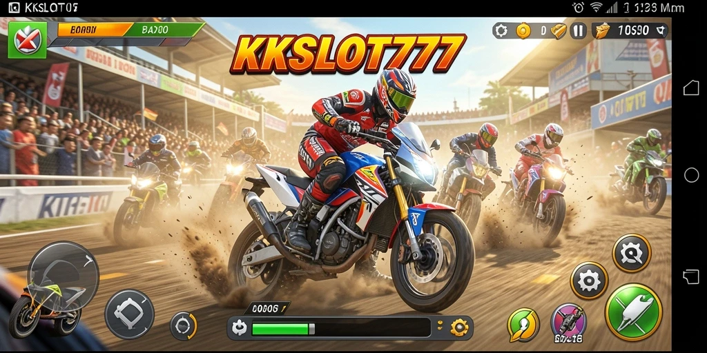 Tampilan gameplay KKSLOT777 saat balapan motor yang cepat dan mendebarkan.